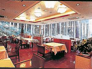 ご夕食会場の一例となるレストラン『杉パレス』。ご夕食時に百年杉庭園がご覧いただけます。
