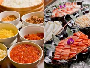 美白の湯宿　大江本家：好きな具をご飯にのせて食べる「勝手丼」。新鮮なお刺身も多数ご用意しています！