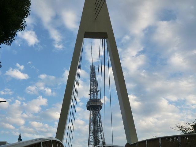 桜通りに架かる橋に入れてその向こうのテレビ塔をすっぽりと入るように撮る_久屋大通公園