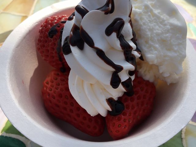 トッピングは生クリーム、アイス、コーンフレーク、スポンジ、チョコソースがありました。_ストロベリーフィールド