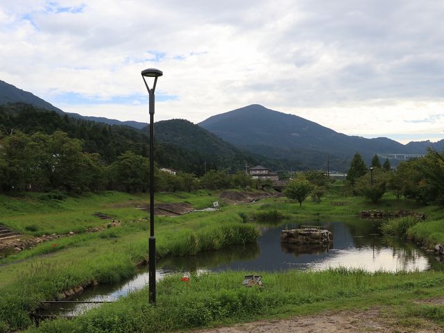 池のようになっているところと土手で隔てられた左の流れが浅くなっています。_野田川親水公園