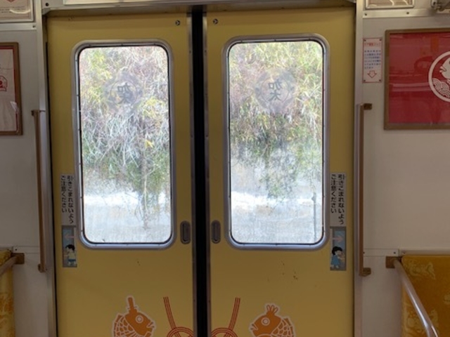 ピンクの電車でした。
車内は縁起のよさそうな内装でかわいらしかったです。_南海電鉄 加太さかな線(めでたいでんしゃ)