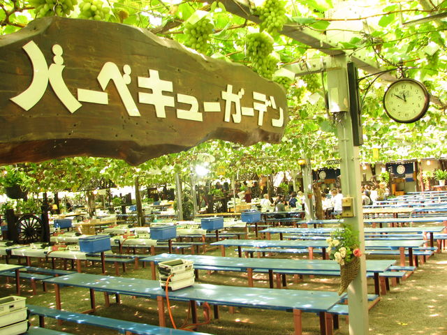 ぶどうの木の下で、山梨の名物のほうとうやバーベキューもご用意しております。_一古園
