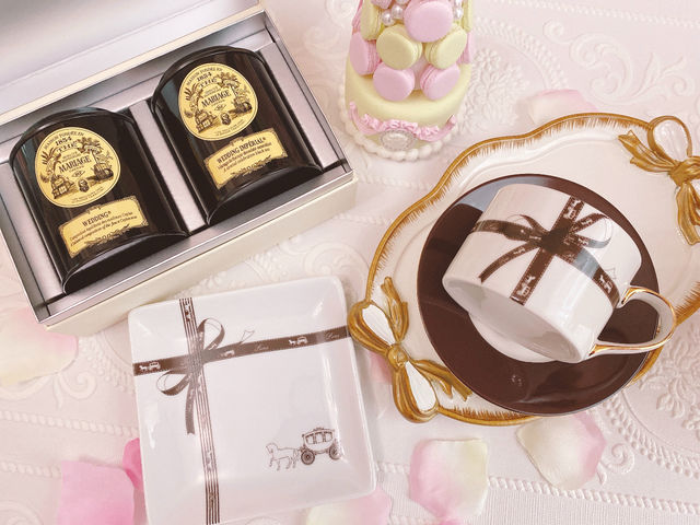 馬車&リボンティーカップ&ソーサー&プレート_ポーセラーツサロン macaron couture 武蔵小杉