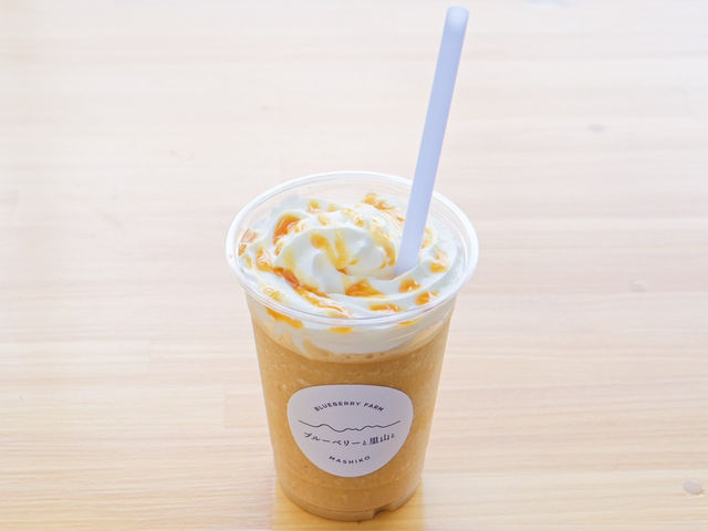 キャラメルのちょうどいい甘さがクセになるキャラメルフラッペ。イタリアのコーヒーを使用。_ブルーベリーと里山と