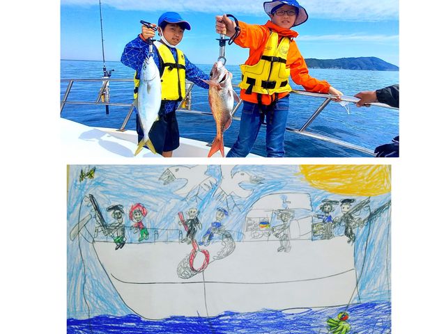 立派な真鯛に青物を釣り上げて、感動の絵も描いてくれたよ♪_ノボ・フィッシング・ガイド・サービス GG7