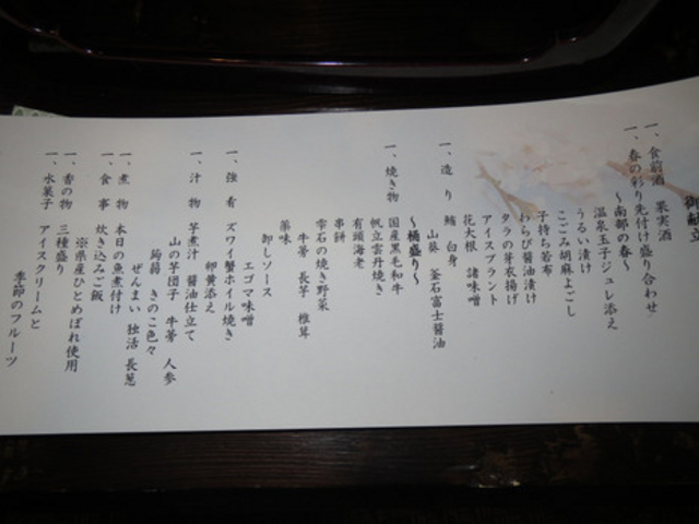 献立表です。_ホテル森の風鶯宿・和食処さんさ亭