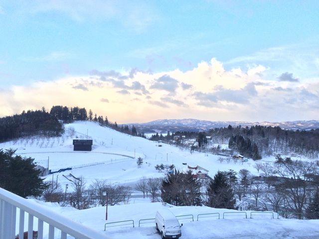 小高い丘には野球場とスキー場があり、5月には芝桜が斜面を彩る。_大森リゾート村
