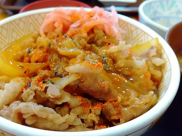 玉子と七味と紅生姜でいただきまーす。_すき家中津店