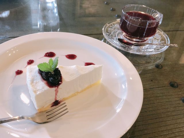 自家製ブルーベリーソースのかかったレアチーズケーキと健康茶のブルーベリーティー_ブルーベリーハウス気仙沼