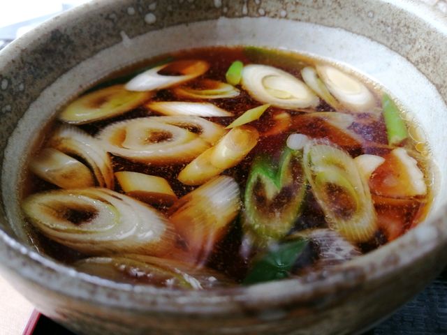 栃木しゃもつけ蕎麦のつけ汁_滝のある釣り堀 那須高原 清流の里