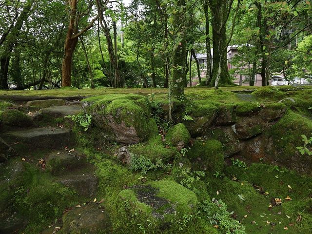 社殿の南側にある苔むした石垣。_岩城神社