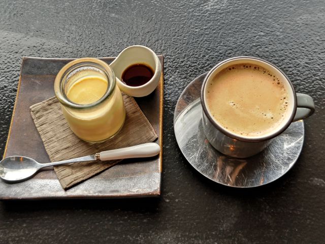 温泉卵プリンが美味しかった。_村民食堂&カフェ ハングリースポット