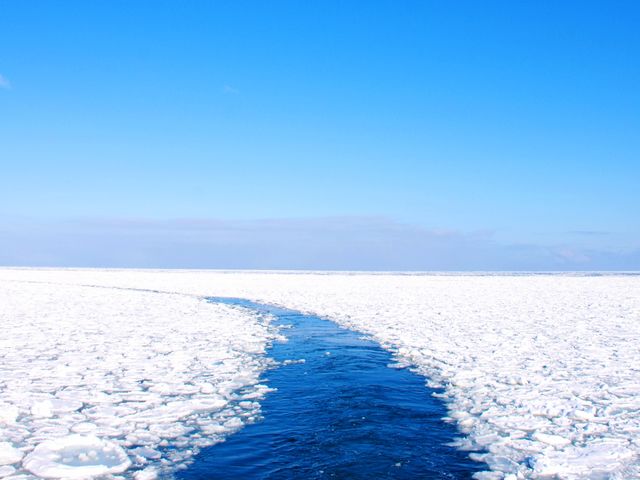 流氷の中を進むと、後ろに青い道が開けたように見えることも。_網走流氷観光砕氷船おーろら