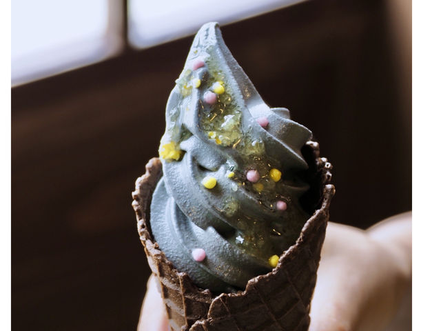 炭ソフトクリーム。さっぱりとしたヨーグルト味です! 冬期間、販売はお休みになります。_山中煎餅本舗