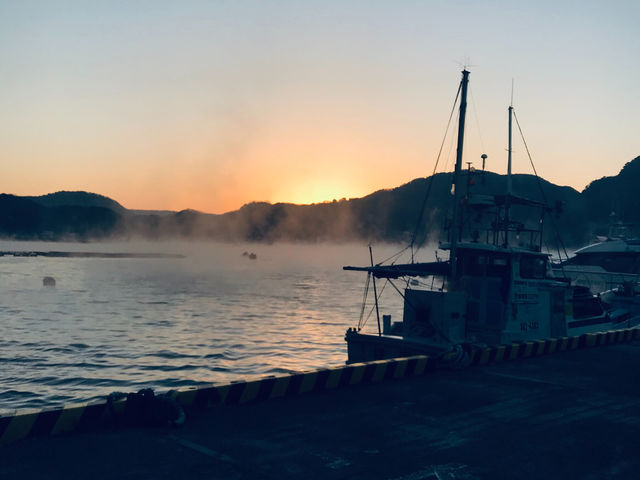 駿河湾の朝。早朝、寒暖差の激しい冬の日にしかみることのできない、けあらし。自転車に乗っていると、こうした美しい景色に出会うことも。_Teal One マウンテンバイクツアー 伊豆 修善寺