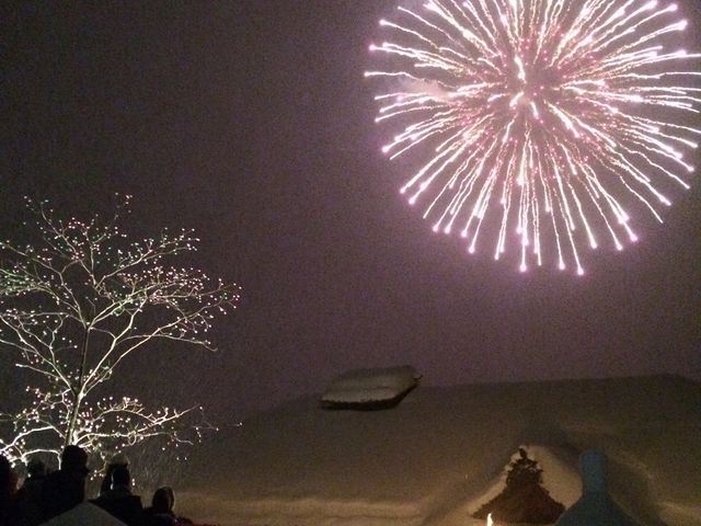 雪まつり 花火_大内宿
