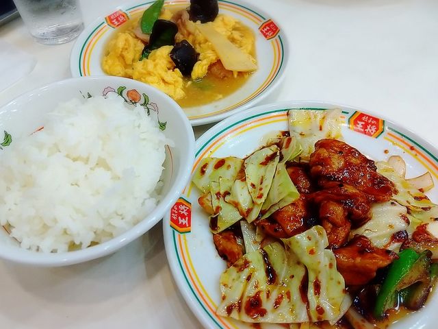 回鍋肉と肉と玉子のいりつけハーフサイズとご飯。_餃子の王将 アリオ川口レストラン店