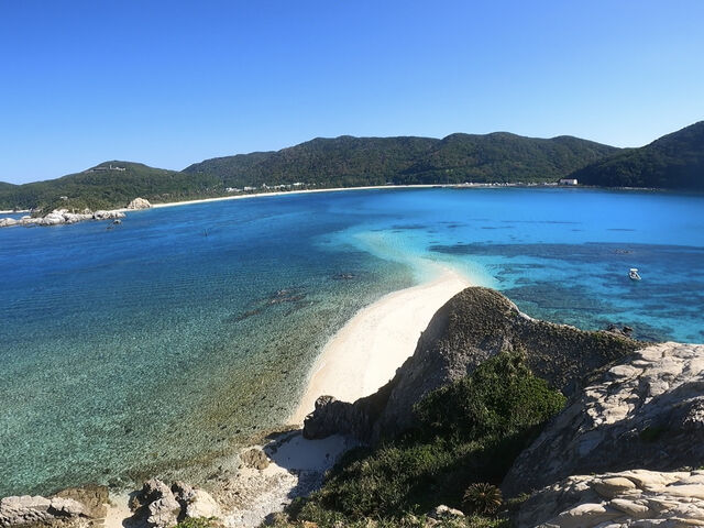 無人島ハナリの山頂から見た阿波連ビーチ_マリンクラブカナロア
