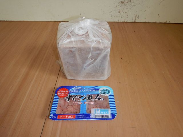 上のブロックがアミエビ(撒餌)、下のパックがオキアミ(付餌)です。
基本的にはセットでお買い求めください。_安良里漁港 係船釣り