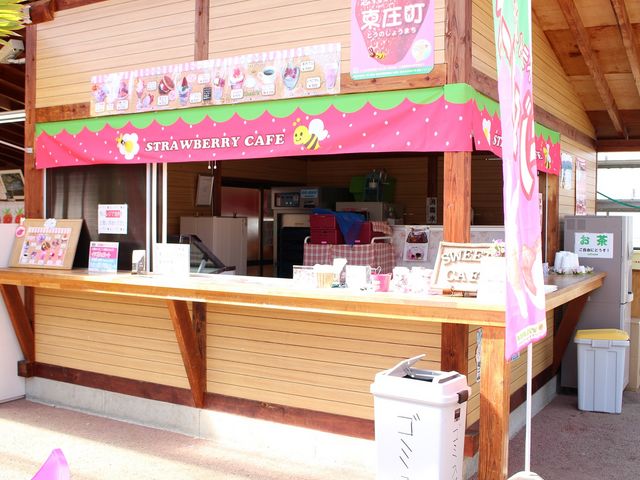 スイーツコーナーのカウンターです。イチゴののれんが目印!_磯山観光いちご園