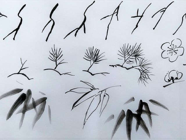 お手本のサンプルです。
水墨画を描くのに「型」があります。「型」ができて、型を組み合わせして作品が簡単に出来上がります。_日中水墨協会認定カルチャー教室 満柏書画塾