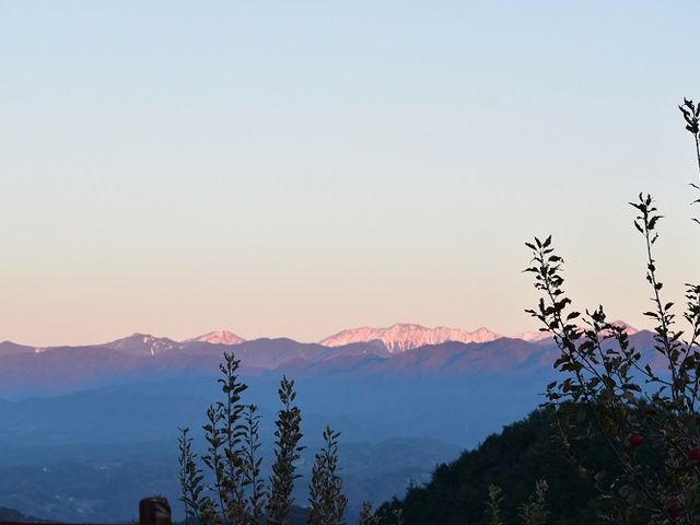 夕暮れ時に見える赤く染まった南アルプス_CAMP&CHEERS KANESHIGE