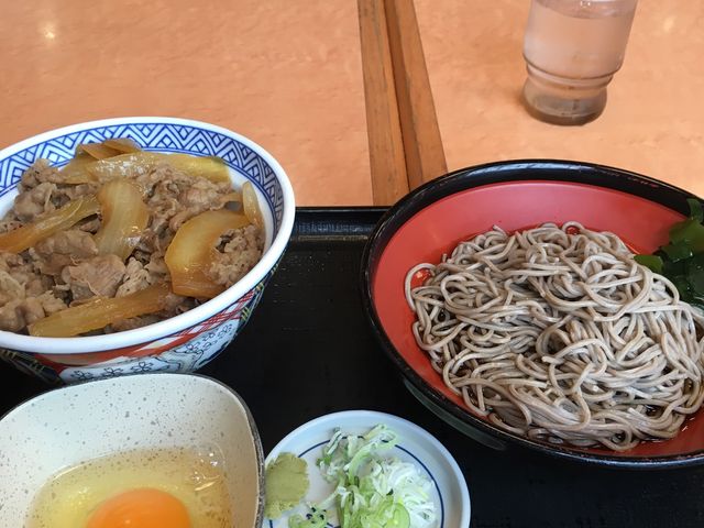 きょうは、頭の大盛り(つゆだく)(御飯軽め)冷やし蕎麦 玉子美味しかったのだぁ。_吉野家厚木林店