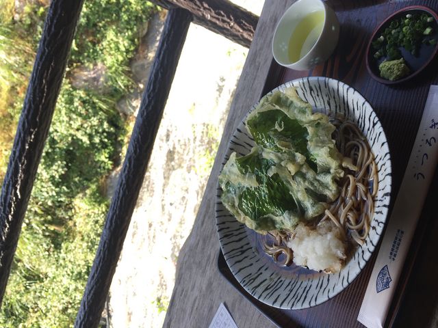 清流を目の前に。ワサビの葉など新鮮な地場野菜の天ぷらがのった"天おろしそば"_うつろぎ