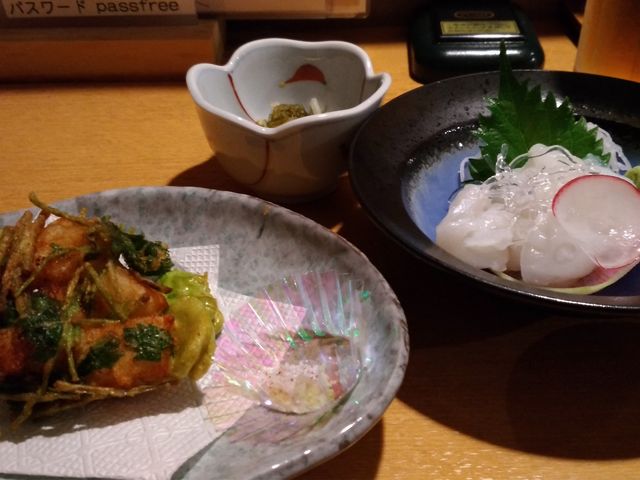 タコ刺し ホタテとそら豆のかき揚げ_活魚ろばた 函館山