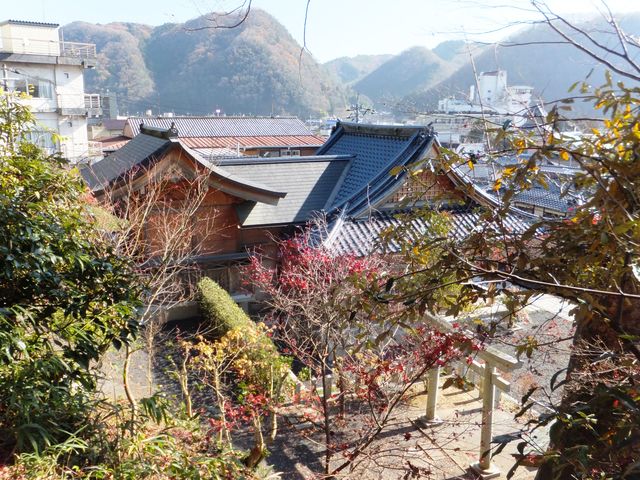 神殿は本殿・併殿・拝殿で構成されています。二の鳥居も見えます。_湯神社