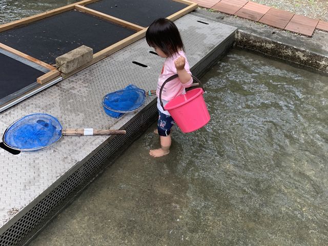 子供も大喜びで入水_竜ヶ岩洞あゆ狩り園