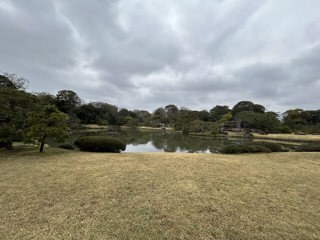 木門をくぐって六義園最初の風景_六義園 大泉水池畔