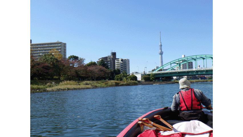 亀戸中央公園付近発着コースの集合場所の様子(青い橋の左側の水辺付近です)_都心の水辺探訪クラブ