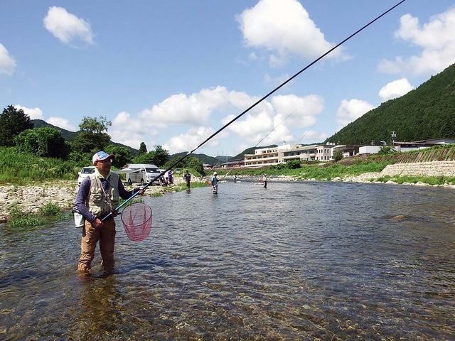 和良川は水位も低めで流れもおだやか。初心者の方でも安心して鮎釣りが楽しめますよ♪_和良おこし協議会