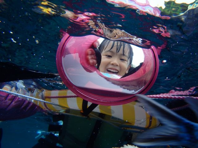 お顔を水に付けられない小さなお子さまは、浮き輪や箱型のバケツメガネで水中観察!_aoiダイビングサービス