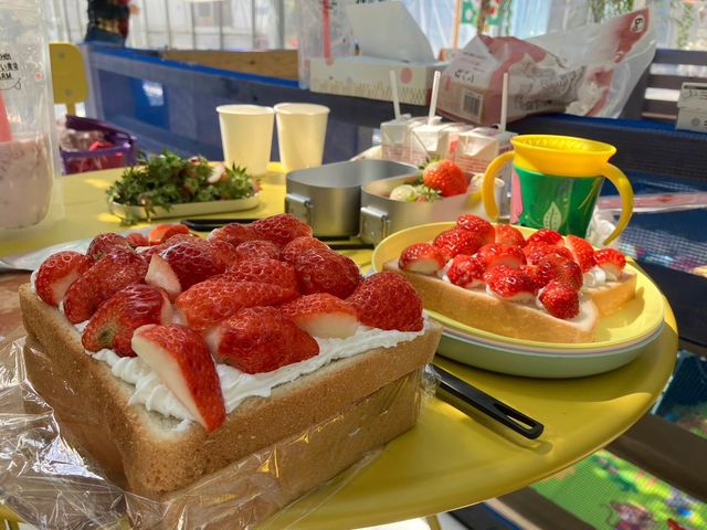 いちごアレンジ食材の持ち込みOK! 摘み取ったいちごでいちごサンドやケーキを楽しむお客さまもみえます。当園でもパフェアレンジ食材など揃えています。_やまへい農場 いちご狩りハウス