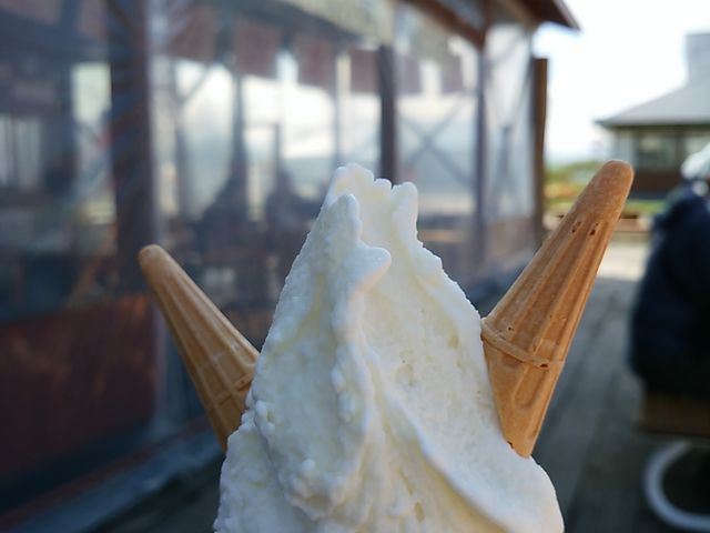 本店の定休日は水曜日で道の駅へ。カップはなくコーンのみです。チーズとジャガイモのW。食券制です。_十勝野フロマージュ 道の駅ショップ