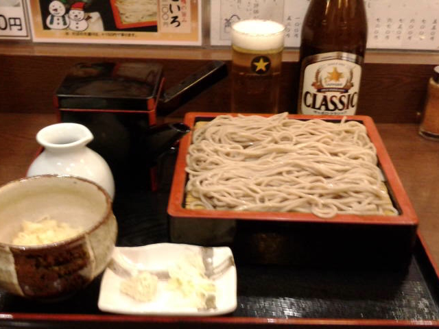 もり蕎麦に揚げ玉トッピング_北海道そば 蕎麦紀行