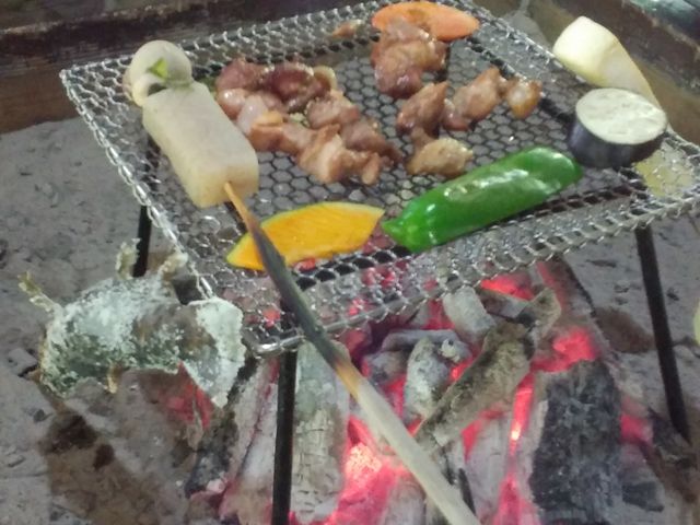 地鶏焼きには野菜も_陽目の里・名水茶屋