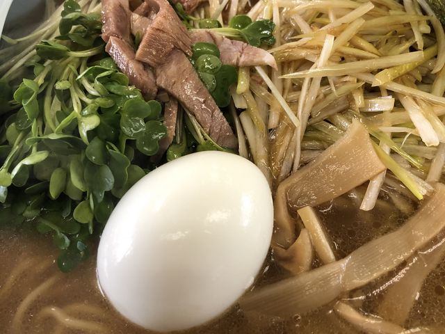 ネギラーメン大にカイワレトッピング。
サービスのゆで卵を乗せてみました。_ラーメンショップ坂戸店