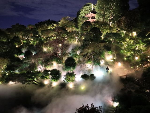 ライトアップされ、雲海で覆われた庭園の景色は幻想的でした_椿山荘 庭園