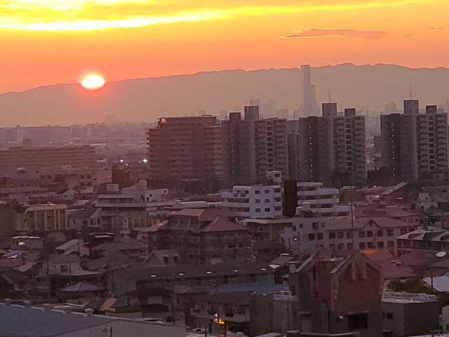 近くの高台からの夕日、「あべのハルカス」が写ってます!_山国ぶどう園