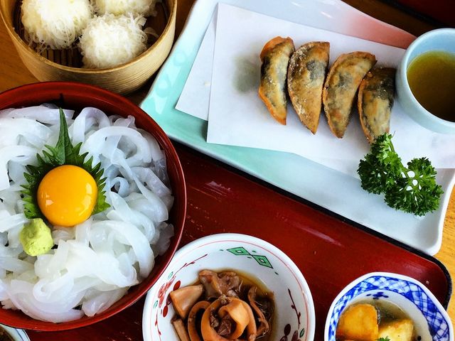 透き通る白さで絶品のイカ丼に、いかしゅうまいとイカ墨餃子もプラス。大満足!_いか本家本店