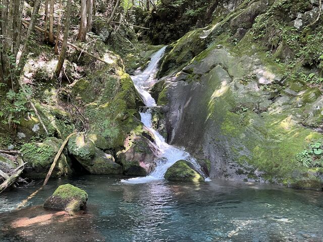 蔭の滝。滝壺の透明度抜群。晴れていると、その名に反して、意外と明るい。_高瀬峡