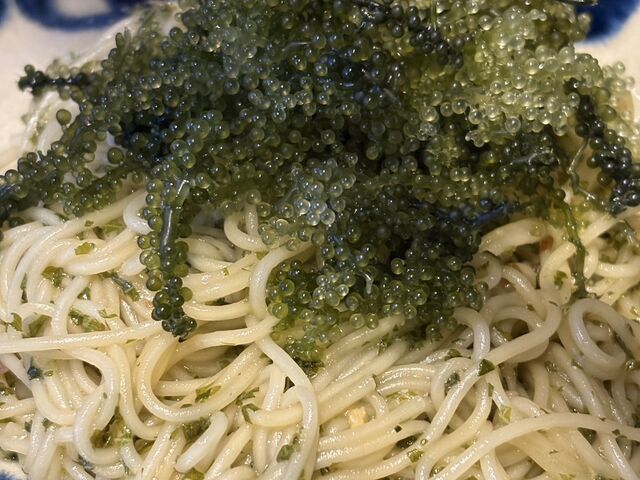 ジェノベーゼ風チャンプルーに海ブドウがのっていた_炉端焼きとしゃぶしゃぶ オーシャンBoo!北谷店
