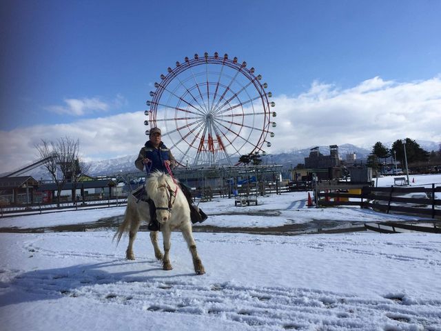 遊園地が休園中の冬場もフロンティアは予約制で営業。雪景色の中、乗馬を楽しめます。_ふれあい牧場フロンティア