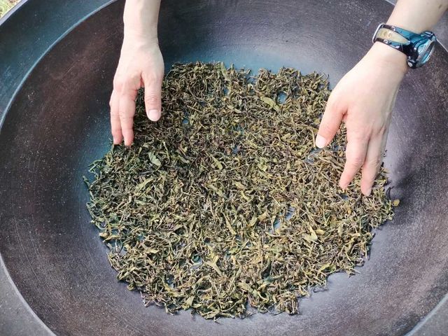 釜炒り茶体験では、手摘みした茶葉が、釜炒りのプロセスで、刻一刻と変化をしていく様子を体感頂き、試飲し、「釜炒りの味」を愉しんで頂けます。_丸園