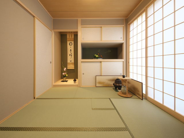 お茶室を併設しています。体験の後は一服のお茶とお菓子で歓談です。_いけばな 心月 日進校