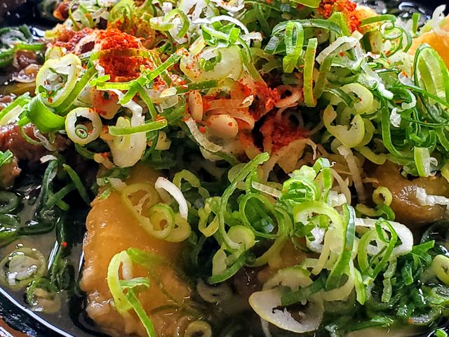 ネギで見えないけど、肉ごぼう天うどん硬麺です!_リンガーハット 福岡姪浜店